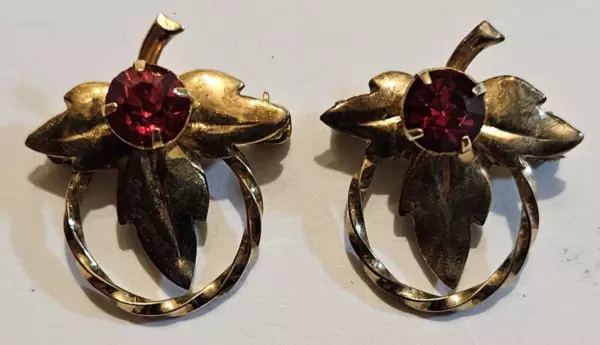 12K Gold Filled Leaf Brooch Red Rhinestone Lot Of 2.