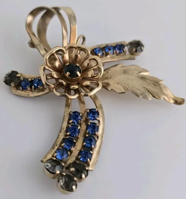 1940s DECO STYLE PIN PENDANT BLUE & PURPLE RHINESTONES 12K GOLD FILLED.