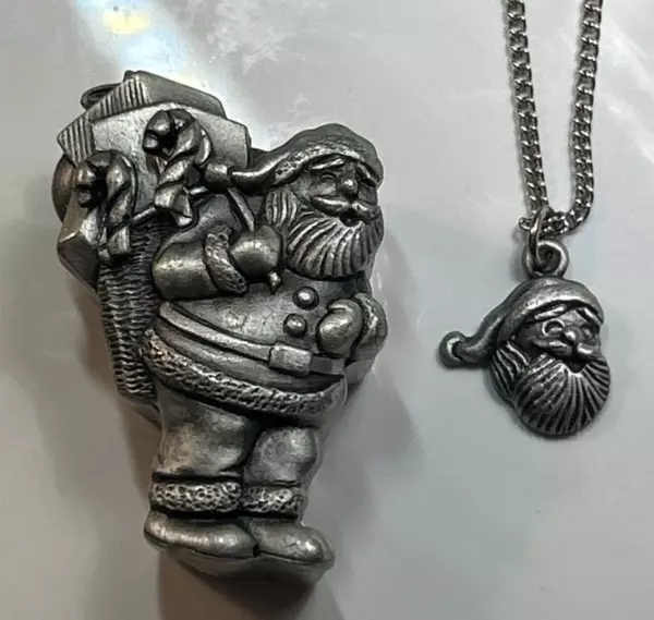 1981 Pewter Santa Brooch Trinket Box Necklace & Earrings.