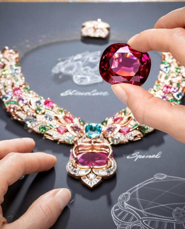 A large spinel at the center of the necklace. A large spinel at the center of the necklace.
