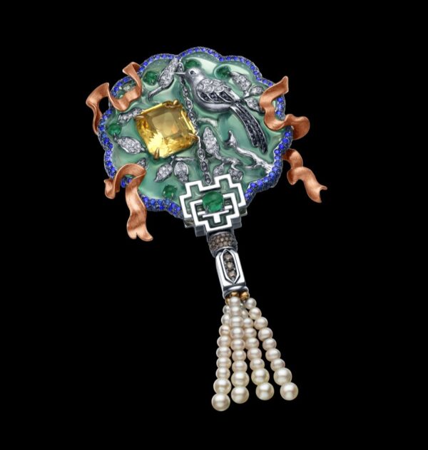 Brooch with citrine, enamel and pearl. Brooch with citrine, enamel and pearl.
