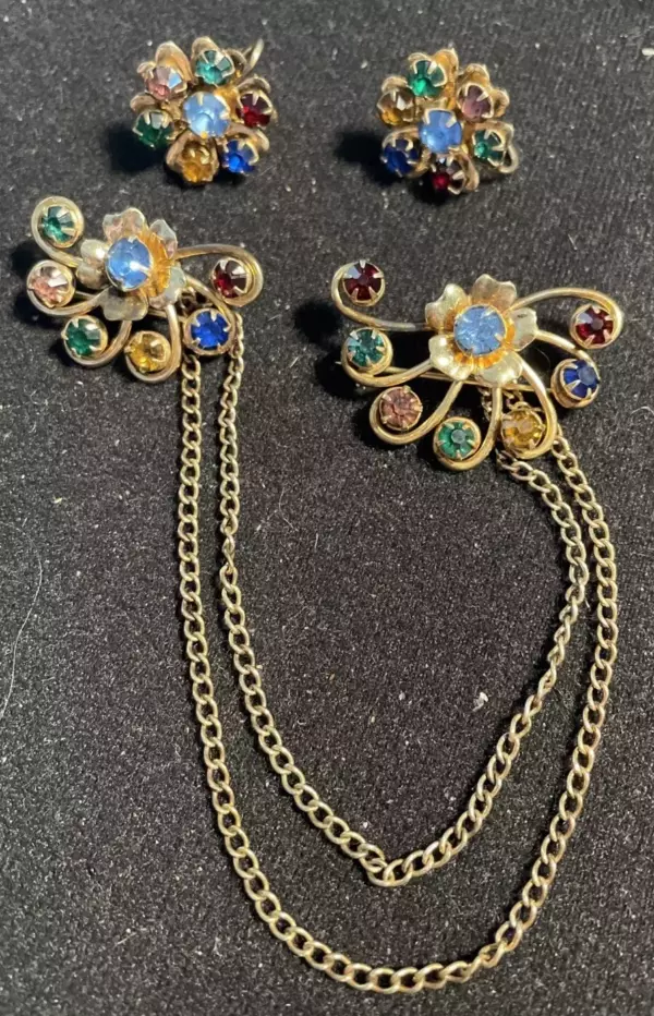 Gold Filled Double Brooch Chain Earrings Floral Multicolor.