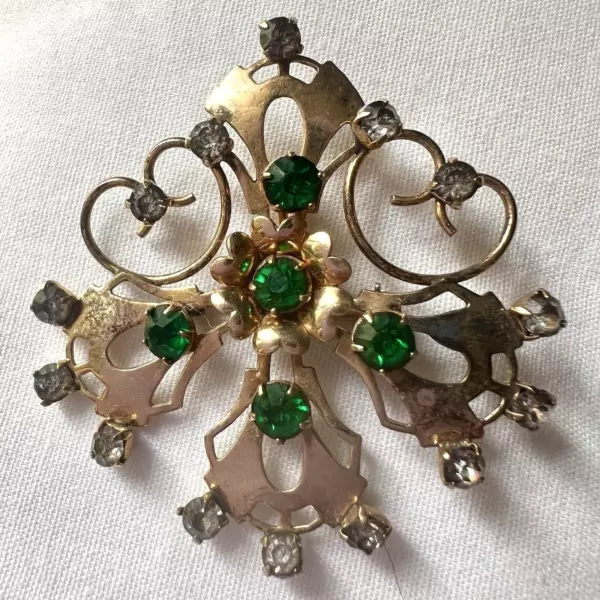 Green Blue Crystal Floral Brooch Pin 12k Gold Filled Open Work.