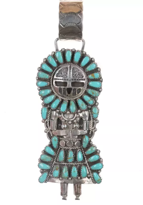 Larry Moses Begay Navajo silver turquoise cluster Kachina pendant. Larry Moses Begay Navajo silver turquoise cluster Kachina pendant.