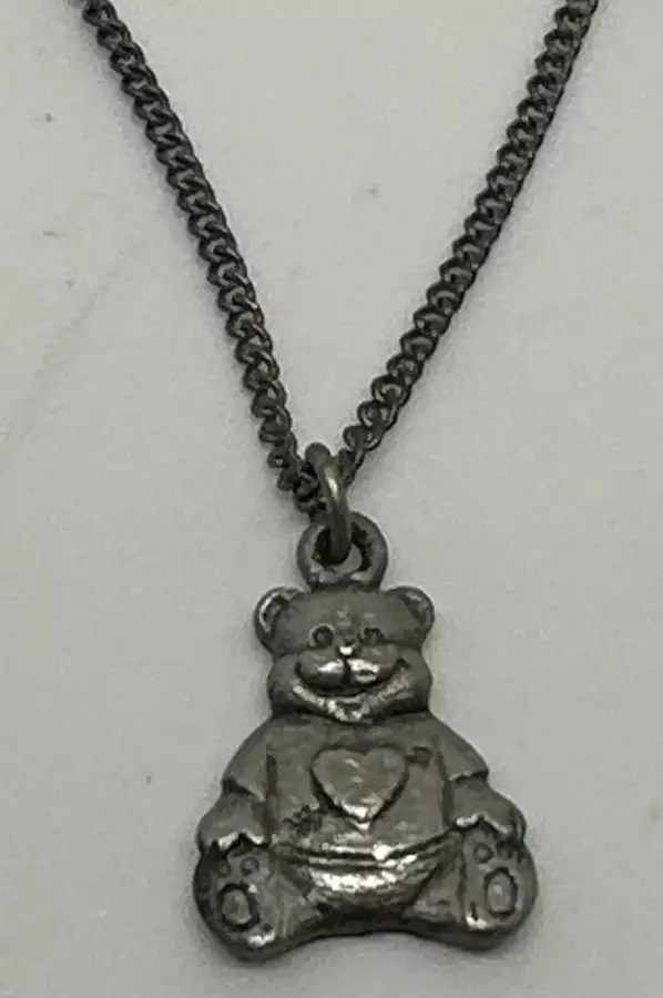 Ms Dee Teddy Bear Pendant Pewter Silver Tone Necklace Dainty Small.