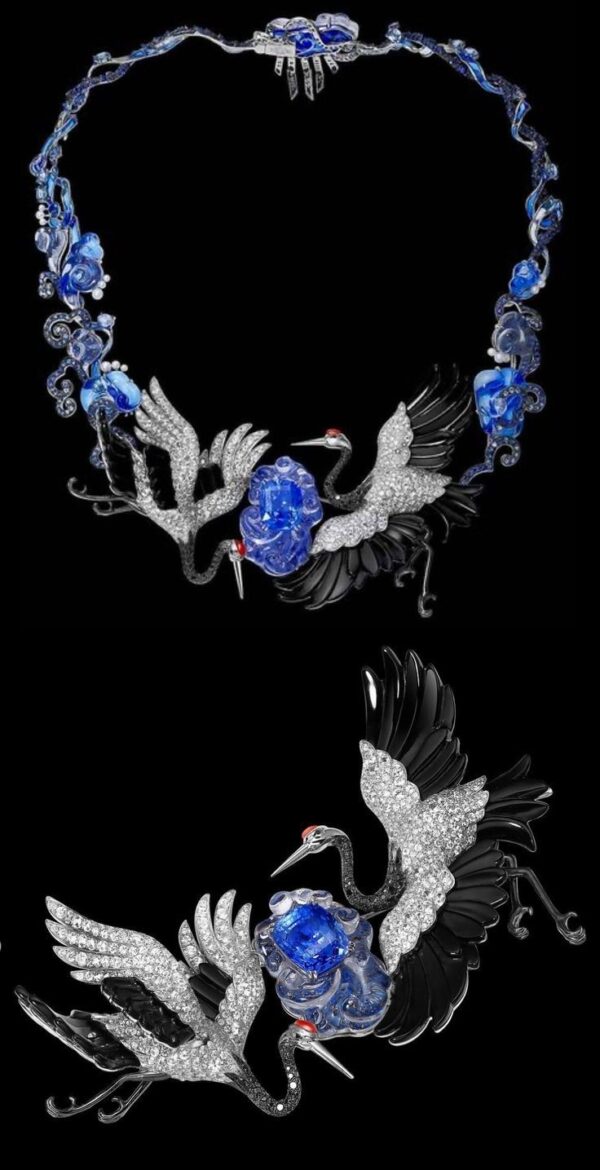 Necklace and brooch with cranes with blue enamel and tanzanites Necklace and brooch with cranes with blue enamel and tanzanites