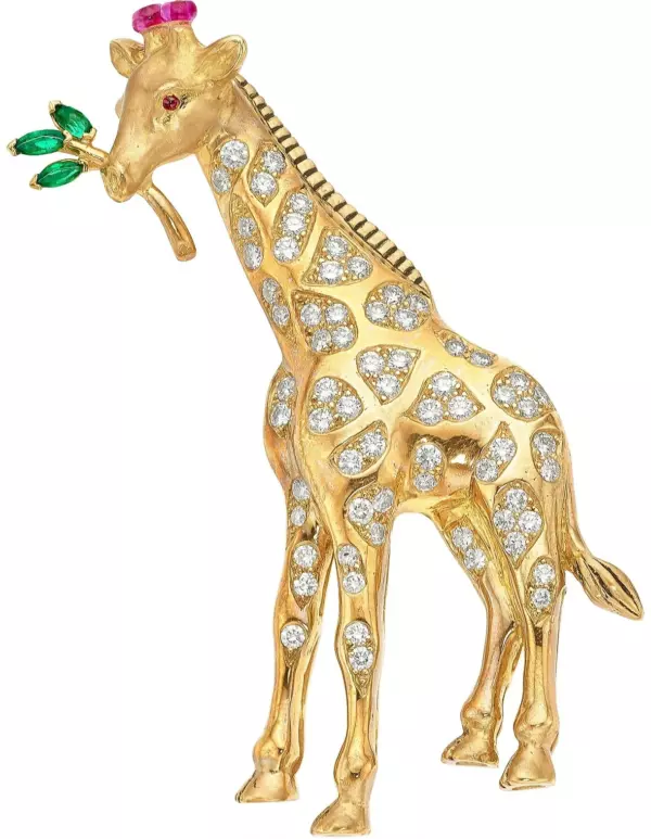 Oscar Heyman 18k Yellow Gold Giraffe Brooch Diamond, Emerald Acc, Ruby Oscar Heyman 18k Yellow Gold Giraffe Brooch Diamond, Emerald Acc, Ruby