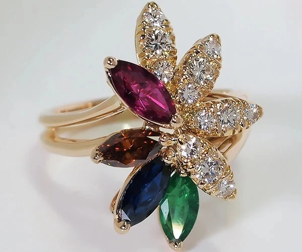 Oscar Heyman Brothers NY Ruby Emerald Sapphire Diamond 18k Yellow Gold Ring Oscar Heyman Brothers NY Ruby Emerald Sapphire Diamond 18k Yellow Gold Ring