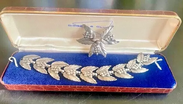 Sterling Vintage Leaf And Berry Motif Bracelet And Brooch, By Carl Ruopoli Vntg.