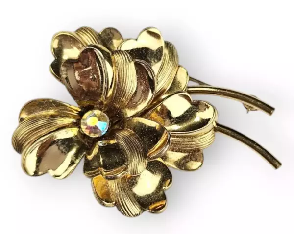 Vintage Flower Brooch 12K Gold Filled Aurora Borealis Rhinestone Forstner 1.75.