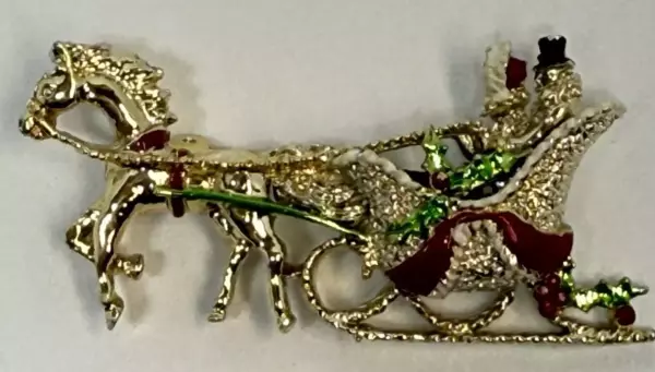 1987 Horse Drawn Carriage Holiday Christmas Brooch