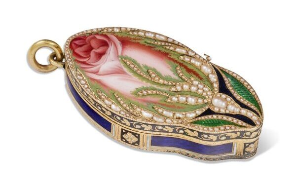 A vinaigrette pendant with a musical mechanism. Gold, enamel, and pearls.