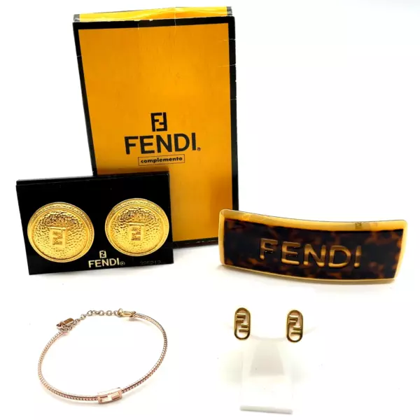 Auth FENDI Vintage GD Logo Stud Earrings Hair Clip Barrette Bracelet setю