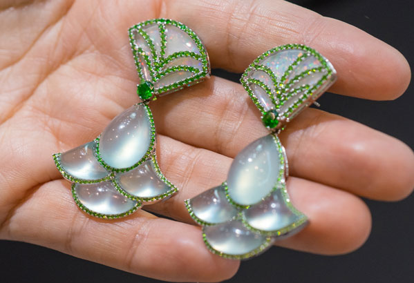 Earrings with moonstone and peridots.
