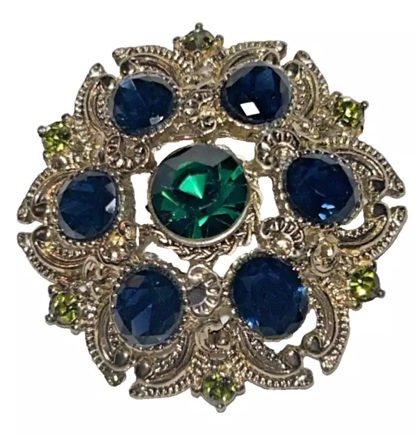 Filigree Gold Brooch;Blue & Green Rhinestones.
