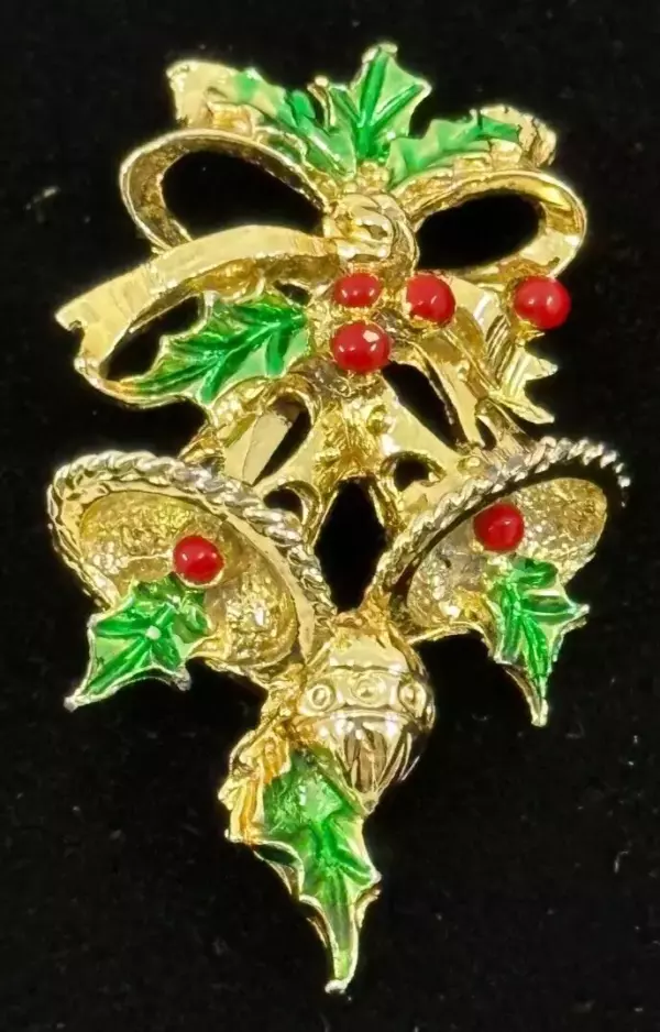 Gold Tone Green and Red Enamel Christmas Bow and Bells.
