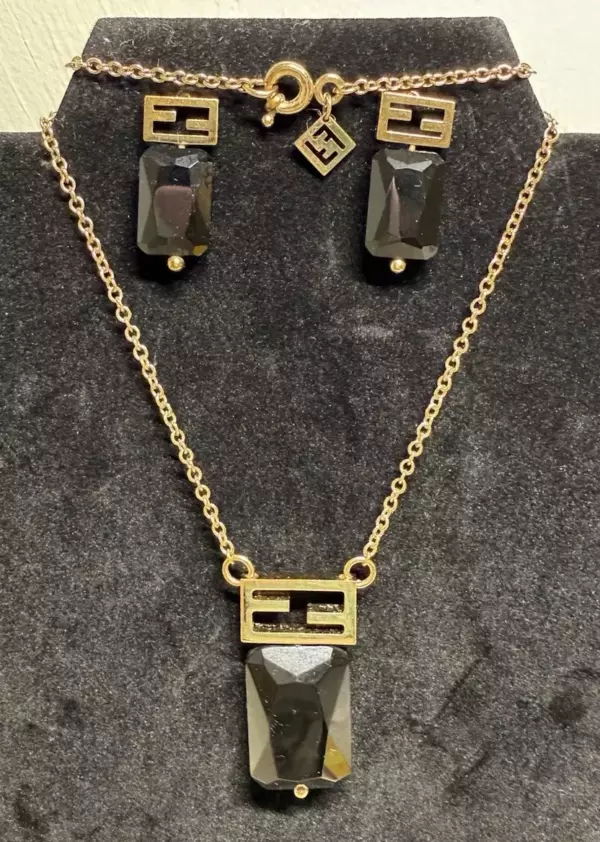 Gold Tone Set Of Necklace And Earrings Iconic FF Logo & Black Onyx Stone.
