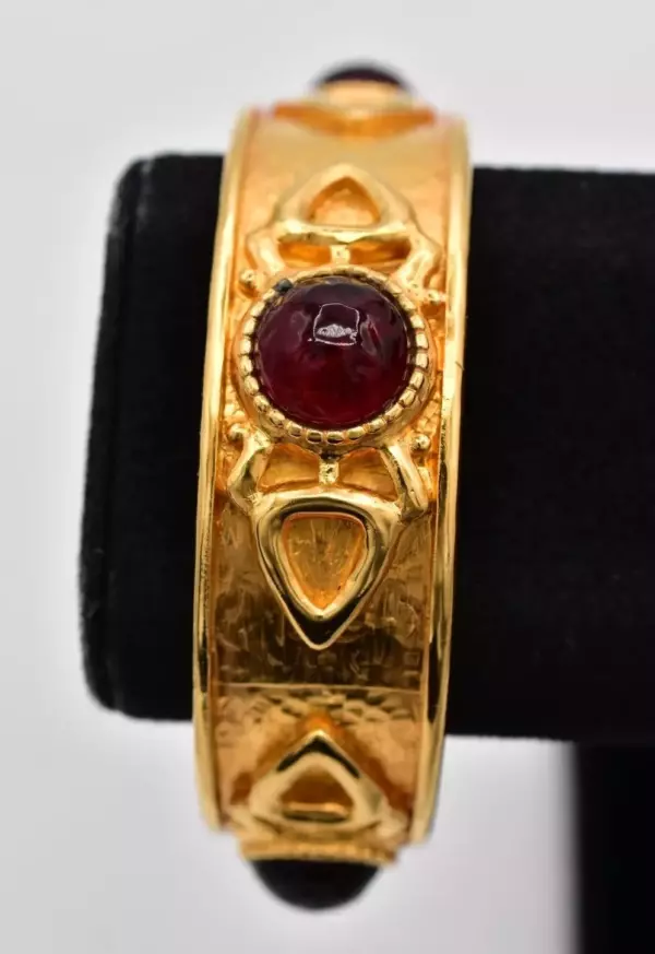 Gripoix Bangle Bracelet Red Brushed Gold Heavy.