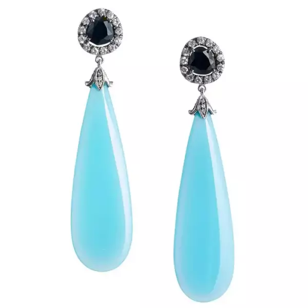 Laguna Blue Agate Black Spinel Diamond Gold Dangle Earrings. Laguna Blue Agate Black Spinel Diamond Gold Dangle Earrings.
