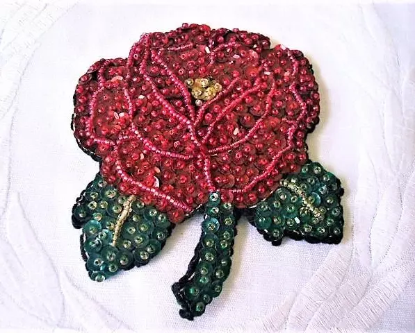Large Vintage Sequin Rose Flower Pin Brooch Burgundy Green Glass Beads.