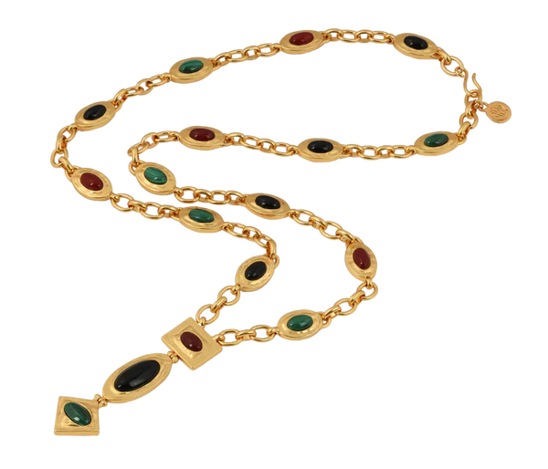 Lariat Valentine Brass with a coating of 14 carat yellow gold Natural cabochons of onyx, carnelian and malachite.