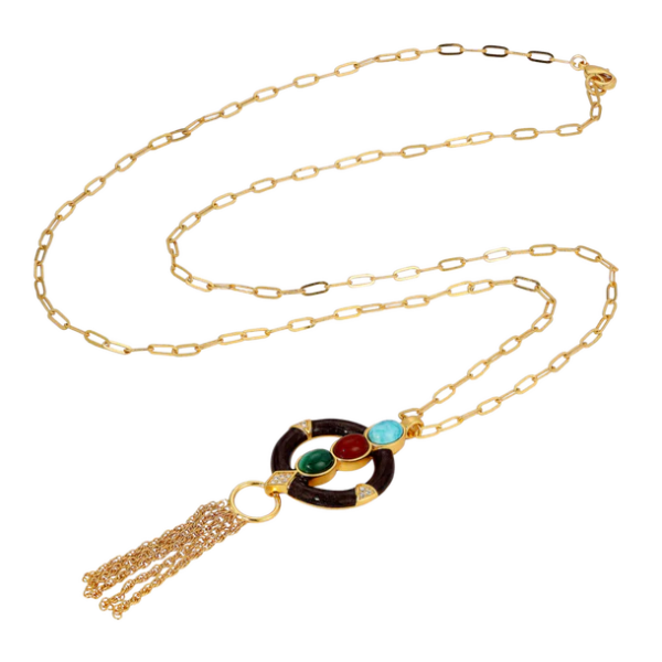 Madera Fringe Pendant Brass with 14k yellow gold plating, malachite, turquoise and carnelian cabochons, clear crystal accents. Hand painted on enamel