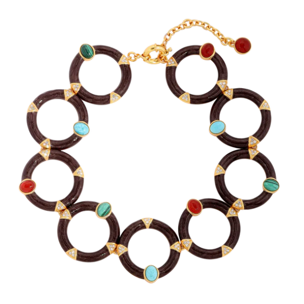 Madera necklace, cabochons made of malachite, turquoise and carnelian, crystal, enamel