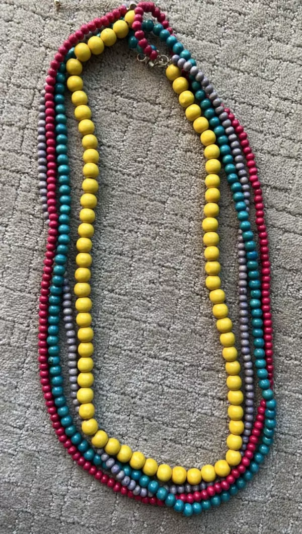 NATASHA Four Strand (Yellow Red Teal and Gray) Wooden Bead Necklace. NATASHA Four Strand (Yellow Red Teal and Gray) Wooden Bead Necklace.