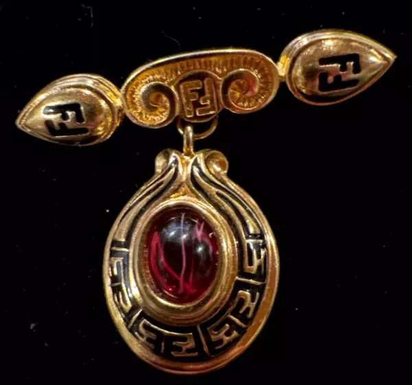 Red bar pin Cabochon Brooch Logo Gold Plated Black Enamel.