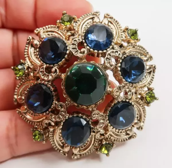 Rhinestone Gold Tone Dome Victorian Revival Brooch Pin.