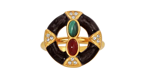 Ring Brass with 14 carat gold coating, malachite, carnelian crystal, enamel.