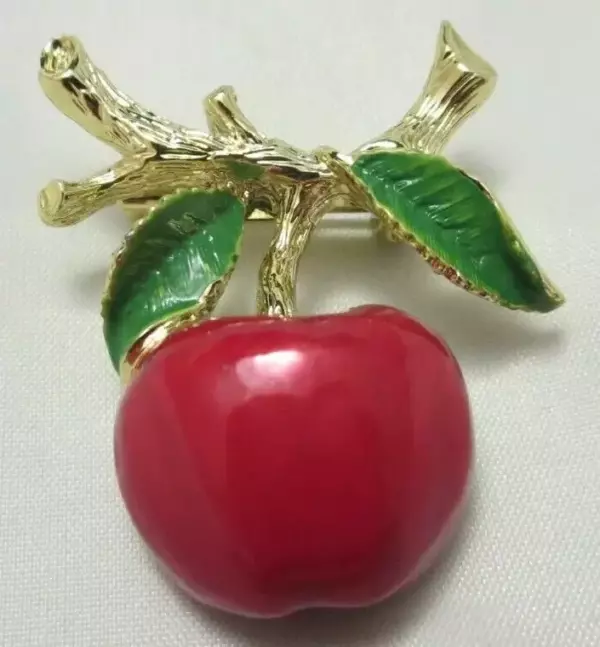 Vintage 1987 Red & Green Enamel Apple Brooch Pin Gold Tone