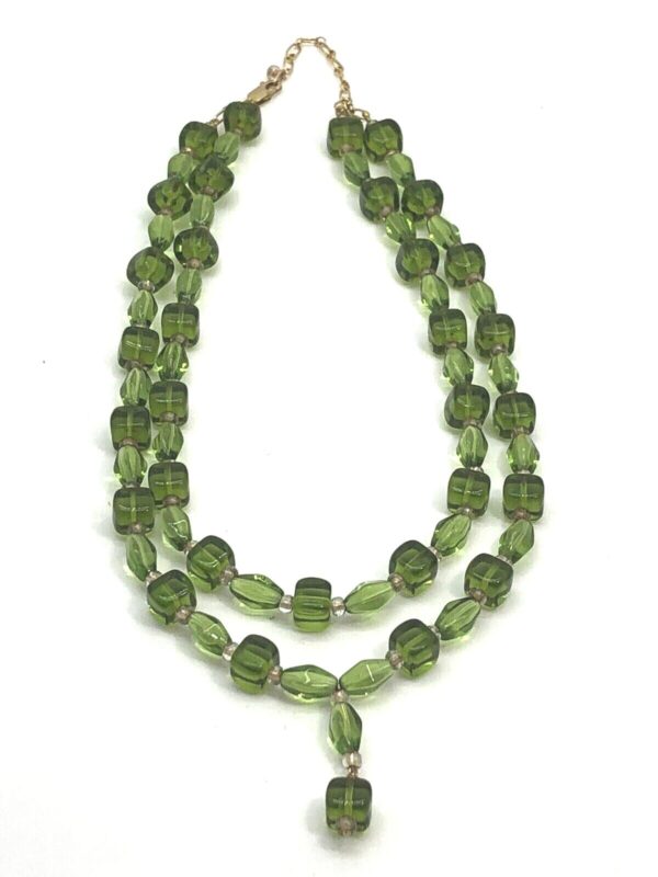 Vintage 2 Strand Glass Bead Necklace Gold Filled Lobster Emerald Color Vintage 2 Strand Glass Bead Necklace Gold Filled Lobster Emerald Color