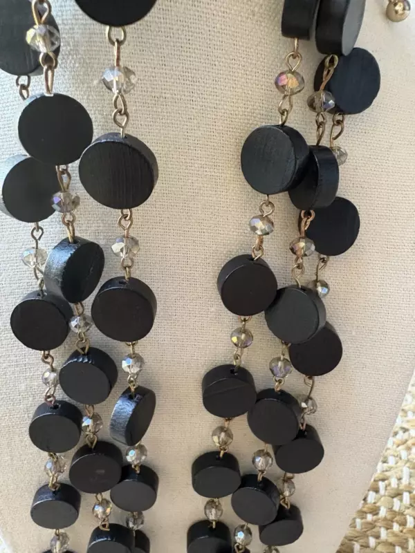 Vintage Natasha Accessories Triple Strand Black Disc Bead Necklace Bohemian. Vintage Natasha Accessories Triple Strand Black Disc Bead Necklace Bohemian.