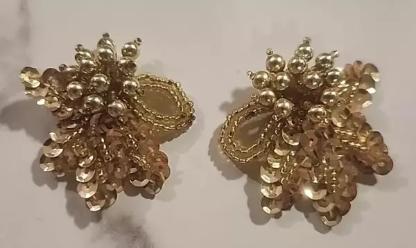 Vintage Pair of Sequin Dress or Shoe Clips, Gold Tone Beaded, Retro Design.
