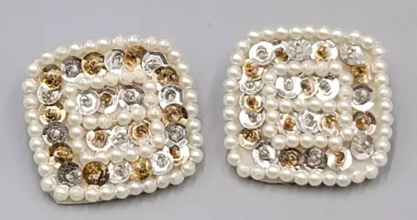 White Bead Sequin Leather Clip on Earrings Square Gold tone.