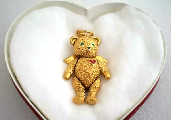 BATYA 1996 Articulated Angel Bear Brooch Pendant Swarovski Crystal & Enamel.