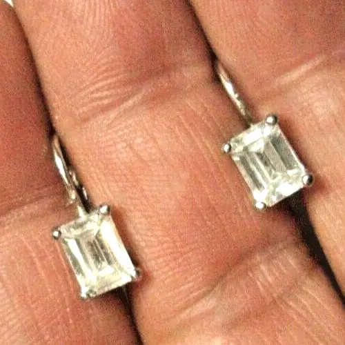 Sterling Silver 1.5 TCW Emerald Cut Earrings Lever backs CZ's.
