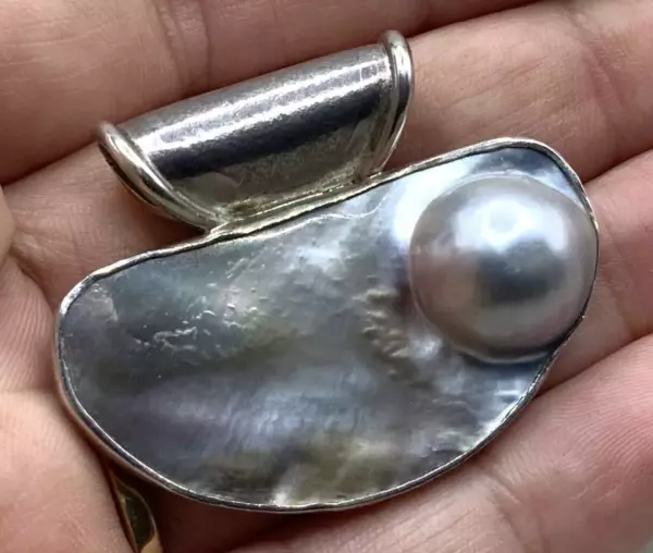 Vintage Designer Batya Sterling Silver Mabe Blister Pearl Large Slide Pendant.